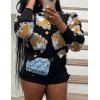 imageFlygo Womens Cropped Floral Print Bomber Jacket Warm Fleece Varsity Jacket Casual Button Down Puff Sleeve Coat OuterwearYellow