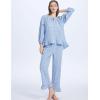 imageFlygo Womens Plaid Pajamas Sets 2 Piece Cotton Pj Set Puff Sleeve Ruffle Babydoll Shirt Gingham Pants Lounge SetsBlue