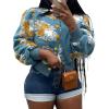 imageFlygo Womens Cropped Floral Print Bomber Jacket Warm Fleece Varsity Jacket Casual Button Down Puff Sleeve Coat OuterwearBlue