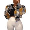 imageFlygo Womens Cropped Floral Print Bomber Jacket Warm Fleece Varsity Jacket Casual Button Down Puff Sleeve Coat OuterwearGrey