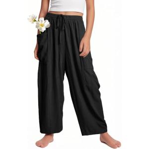 imageFlygo Girls Wide Leg Pants Casual Flowy Elastic Waist Palazzo Harem Trousers with Pockets 514YBlack