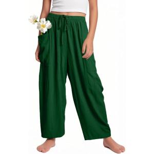imageFlygo Girls Wide Leg Pants Casual Flowy Elastic Waist Palazzo Harem Trousers with Pockets 514YDarkgreen