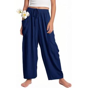 imageFlygo Girls Wide Leg Pants Casual Flowy Elastic Waist Palazzo Harem Trousers with Pockets 514YNavy