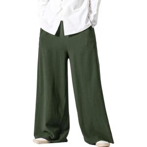 imageFlygo Mens Linen Pants Casual Wide Leg Baggy Pants Summer Cotton Elastic Waist Yoga Beach Palazzo TrousersArmy Green