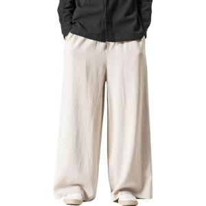 imageFlygo Mens Linen Pants Casual Wide Leg Baggy Pants Summer Cotton Elastic Waist Yoga Beach Palazzo TrousersBeige