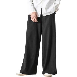 imageFlygo Mens Linen Pants Casual Wide Leg Baggy Pants Summer Cotton Elastic Waist Yoga Beach Palazzo TrousersBlack