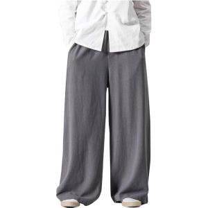 imageFlygo Mens Linen Pants Casual Wide Leg Baggy Pants Summer Cotton Elastic Waist Yoga Beach Palazzo TrousersGrey