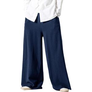 imageFlygo Mens Linen Pants Casual Wide Leg Baggy Pants Summer Cotton Elastic Waist Yoga Beach Palazzo TrousersNavy