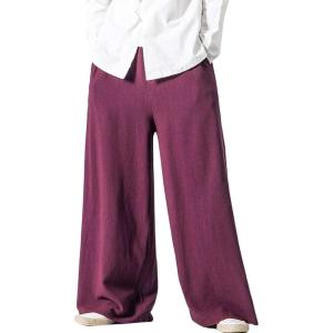 imageFlygo Mens Linen Pants Casual Wide Leg Baggy Pants Summer Cotton Elastic Waist Yoga Beach Palazzo TrousersWine Red