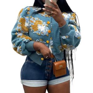 imageFlygo Womens Cropped Floral Print Bomber Jacket Warm Fleece Varsity Jacket Casual Button Down Puff Sleeve Coat OuterwearBlue