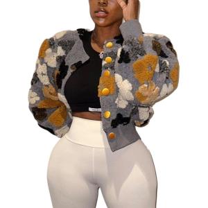 imageFlygo Womens Cropped Floral Print Bomber Jacket Warm Fleece Varsity Jacket Casual Button Down Puff Sleeve Coat OuterwearGrey
