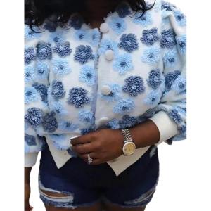 imageFlygo Womens Cropped Floral Print Bomber Jacket Warm Fleece Varsity Jacket Casual Button Down Puff Sleeve Coat OuterwearLight Blue