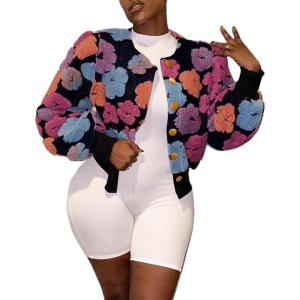 imageFlygo Womens Cropped Floral Print Bomber Jacket Warm Fleece Varsity Jacket Casual Button Down Puff Sleeve Coat OuterwearPink