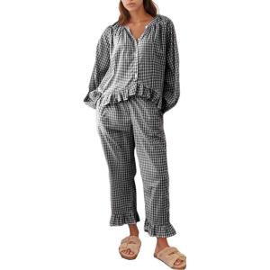 imageFlygo Womens Plaid Pajamas Sets 2 Piece Cotton Pj Set Puff Sleeve Ruffle Babydoll Shirt Gingham Pants Lounge SetsBlack
