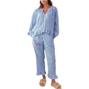 imageFlygo Womens Plaid Pajamas Sets 2 Piece Cotton Pj Set Puff Sleeve Ruffle Babydoll Shirt Gingham Pants Lounge SetsBlue