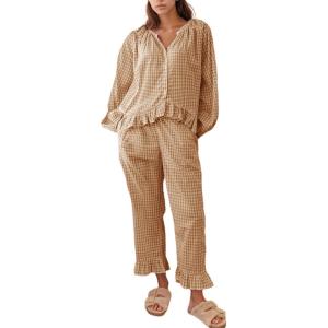 imageFlygo Womens Plaid Pajamas Sets 2 Piece Cotton Pj Set Puff Sleeve Ruffle Babydoll Shirt Gingham Pants Lounge SetsBrown