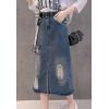 imageFlygo Womens High Waisted Midi Long Ripped Slit Denim Jeans Skirt BeltBlue