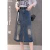 imageFlygo Womens High Waisted Midi Long Ripped Slit Denim Jeans Skirt BeltBlue