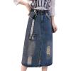 imageFlygo Womens High Waisted Midi Long Ripped Slit Denim Jeans Skirt BeltBlue