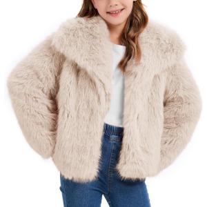 imageFlygo Girls Faux Fur Coat Kids Fluffy Long Sleeve Lapel Collar Open Front Jacket Warm Winter Shaggy Outwear with PocketsBeige