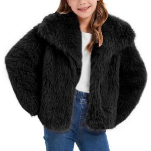 imageFlygo Girls Faux Fur Coat Kids Fluffy Long Sleeve Lapel Collar Open Front Jacket Warm Winter Shaggy Outwear with PocketsBlack