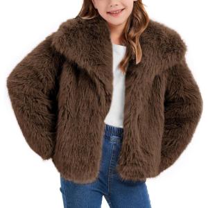 imageFlygo Girls Faux Fur Coat Kids Fluffy Long Sleeve Lapel Collar Open Front Jacket Warm Winter Shaggy Outwear with PocketsBrown
