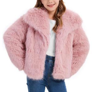 imageFlygo Girls Faux Fur Coat Kids Fluffy Long Sleeve Lapel Collar Open Front Jacket Warm Winter Shaggy Outwear with PocketsPink