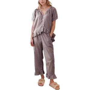 imageFlygo Womens Plaid 2 Piece Pajamas Sets Gingham Button Down Puff Sleeve Babydoll Shirt Ruffle Pants Y2K Pjs Lounge SetCoffee