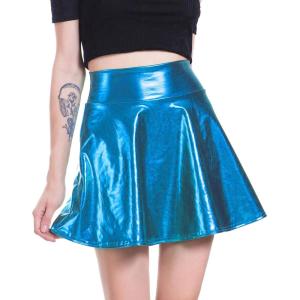 imageFlygo Womens Wet Look PU Leather Skirt Flared Pub Club Mini SkirtsBlue