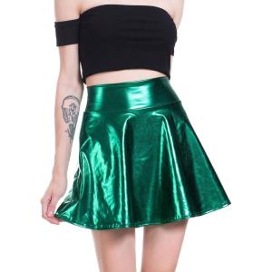 imageFlygo Womens Wet Look PU Leather Skirt Flared Pub Club Mini SkirtsDark Green