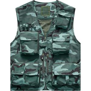 imageFlygo Mens Casual Lightweight Outdoor Fishing Work Safari Travel Photo Cargo Vest Jacket Multi PocketsGreen Camo