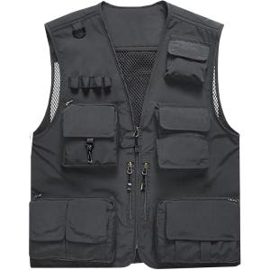 imageFlygo Mens Casual Lightweight Outdoor Fishing Work Safari Travel Photo Cargo Vest Jacket Multi PocketsGrey