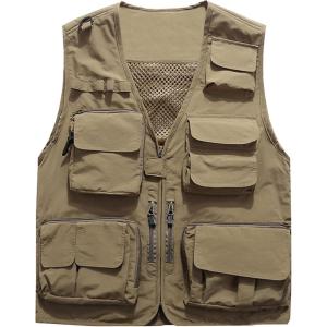 imageFlygo Mens Casual Lightweight Outdoor Fishing Work Safari Travel Photo Cargo Vest Jacket Multi PocketsKhaki