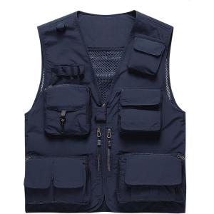 imageFlygo Mens Casual Lightweight Outdoor Fishing Work Safari Travel Photo Cargo Vest Jacket Multi PocketsNavy Blue