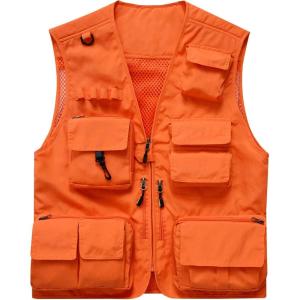 imageFlygo Mens Casual Lightweight Outdoor Fishing Work Safari Travel Photo Cargo Vest Jacket Multi PocketsOrange