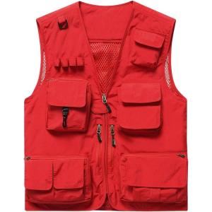 imageFlygo Mens Casual Lightweight Outdoor Fishing Work Safari Travel Photo Cargo Vest Jacket Multi PocketsRed