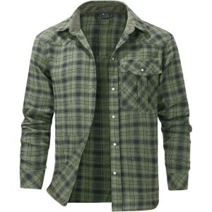 imageFlygo Mens Flannel Shirts Pearl Snap Long Sleeve Checkered Western Cowboy Brushed Plaid Regular Fit ShirtGreen