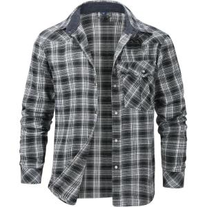 imageFlygo Mens Flannel Shirts Pearl Snap Long Sleeve Checkered Western Cowboy Brushed Plaid Regular Fit ShirtGrey