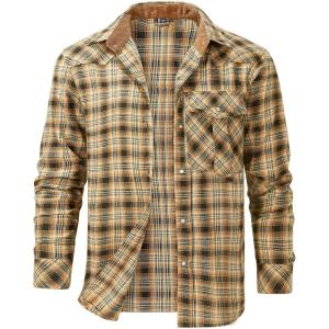 imageFlygo Mens Flannel Shirts Pearl Snap Long Sleeve Checkered Western Cowboy Brushed Plaid Regular Fit ShirtKhaki
