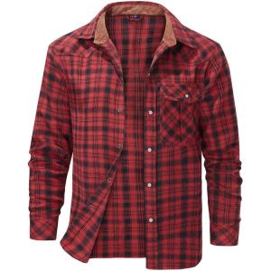 imageFlygo Mens Flannel Shirts Pearl Snap Long Sleeve Checkered Western Cowboy Brushed Plaid Regular Fit ShirtRed