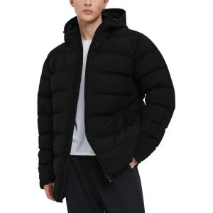 imageFlygo Mens Hooded Puffer Jacket Insulated Winter Waterproof Warm Coat Zipper Down Quilted JacketsBlack