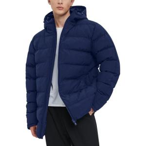 imageFlygo Mens Hooded Puffer Jacket Insulated Winter Waterproof Warm Coat Zipper Down Quilted JacketsNavy Blue