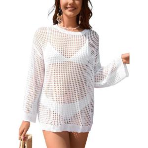 imageFlygo Swimsuit Coverup for Women Crochet Beach Cover Ups Summer Bathing Suit Cover Up Knit Beach Dress Vacation OutfitsWhite