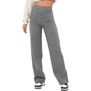 imageFlygo Womens High Waisted Multiple Pockets Straight Leg Flexipants Stretchy Work Trousers Button Down Casual PantsGrey Medium New