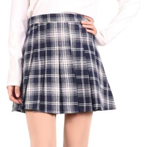 imageFlygo Womens School Uniform Plaid Pleated Skirt Flared Short Skater SkirtsNavy