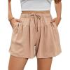 imageFlygo Flowy Shorts for Women Summer Casual High Waist Wide Leg Drawstring Shorts with PocketsKhaki