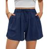 imageFlygo Flowy Shorts for Women Summer Casual High Waist Wide Leg Drawstring Shorts with PocketsNavy Blue