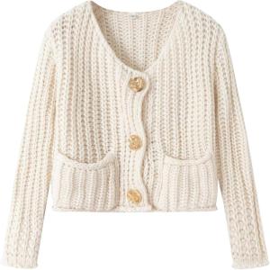 imageFlygo Cropped Cardigan Sweaters for Women Long Sleeve Cable Knit Cardigan Open Front Chunky Cardigan Sweaters with PocketsBeige