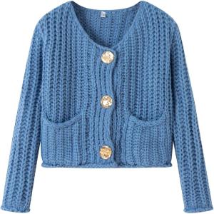 imageFlygo Cropped Cardigan Sweaters for Women Long Sleeve Cable Knit Cardigan Open Front Chunky Cardigan Sweaters with PocketsBlue