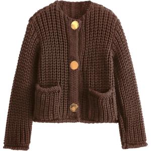 imageFlygo Cropped Cardigan Sweaters for Women Long Sleeve Cable Knit Cardigan Open Front Chunky Cardigan Sweaters with PocketsCoffee